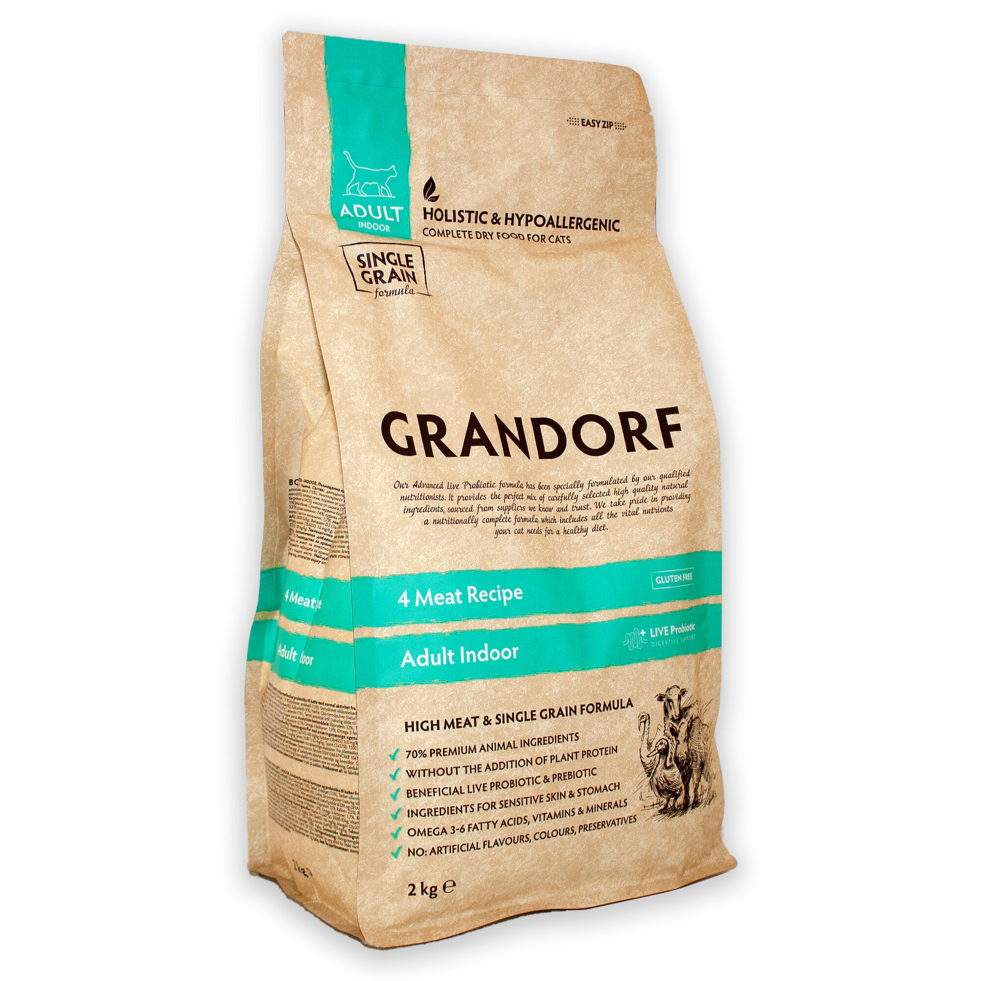 Сухой корм Grandorf 4 мяса: утка, кабан, ягненок и индейка для кошек, 2 кг