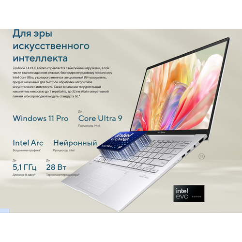 Ноутбук ASUS Zenbook 14 OLED UX3405MA-QD489 14 19201200 OLED Intel Core Ultra 5 125H RAM 16Gb SSD 1Tb без ОС Ponder Blue Задумчивый синий 109990₽