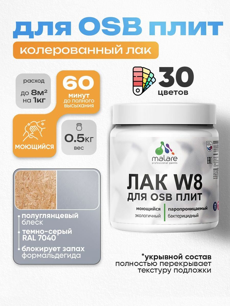 Лак колерованный укрывной для защиты ОСБ плит Malare W8 универсальный для дерева и минеральных поверхностей, паропроницаемый водный без запаха, полуглянцевый RAL 7040 темно-серый, 0.5 кг.