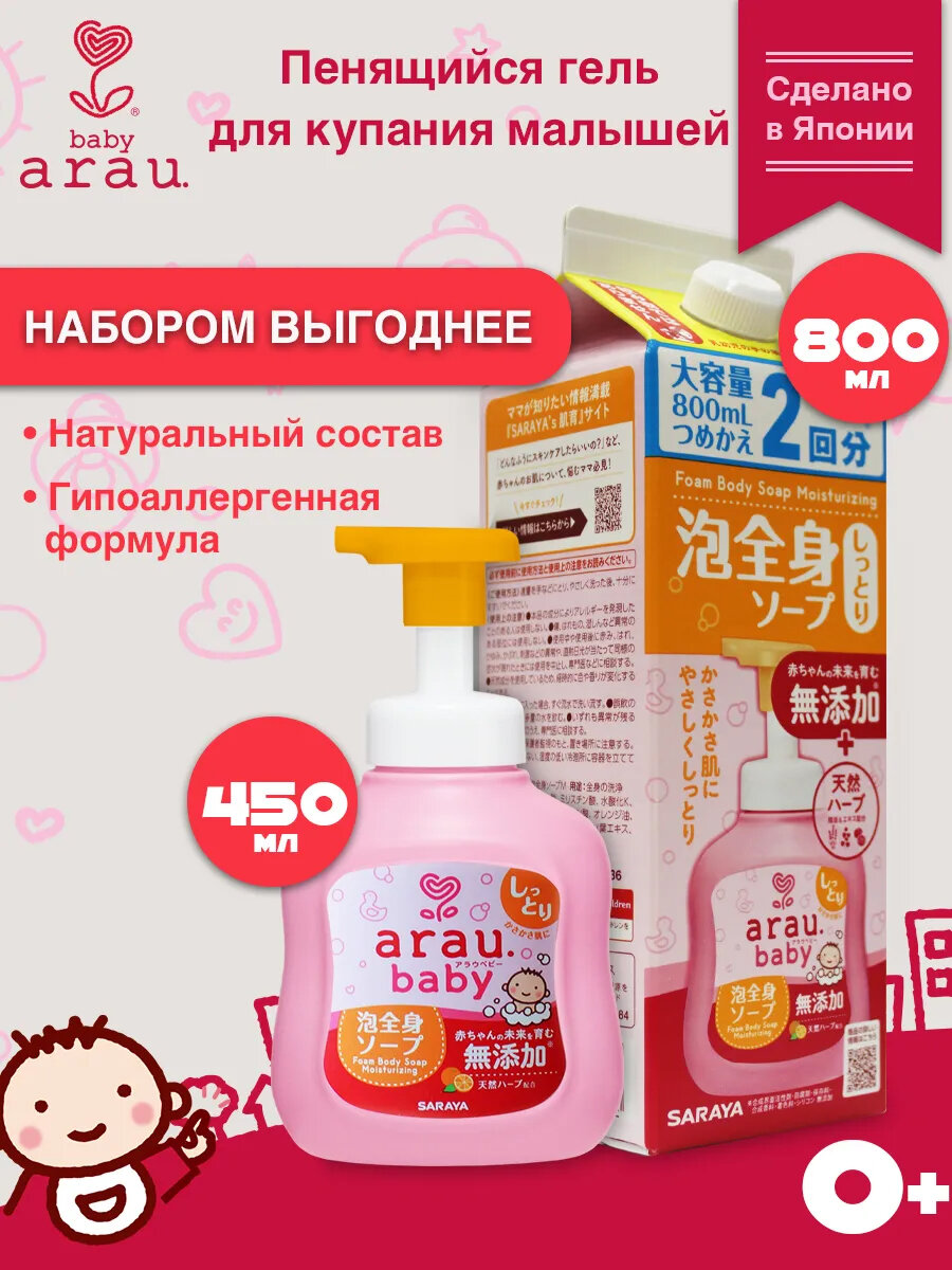 Набор arau.baby Увлажняющая пенка для купания малышей 450 мл + наполнитель 800 мл