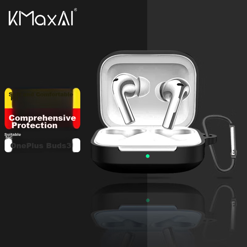 KMaxAI Compatible OnePlus Buds 3 Earphone Case with Hook, Wireless Charging Case, Matte Protective Cover, Simple Solid Color Soft Shell, Black