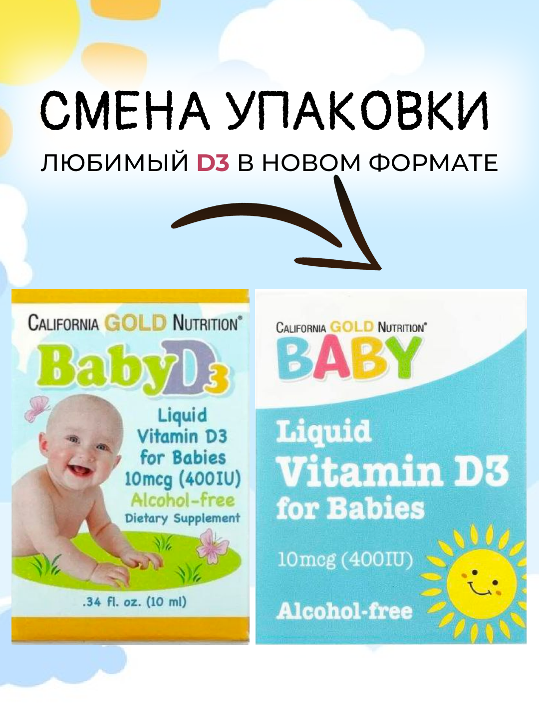 Витамин D3 BabyD3 California Gold Nutrition, капли для грудничков, 400 МЕ, 10 мл