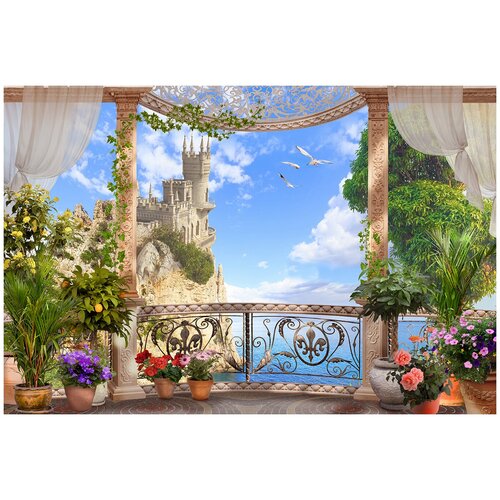 Фотообои Уютная стена Цветочный балкон с видом на Ласточкино Гнездо 410х270 см Бесшовные Премиум (единым полотном)