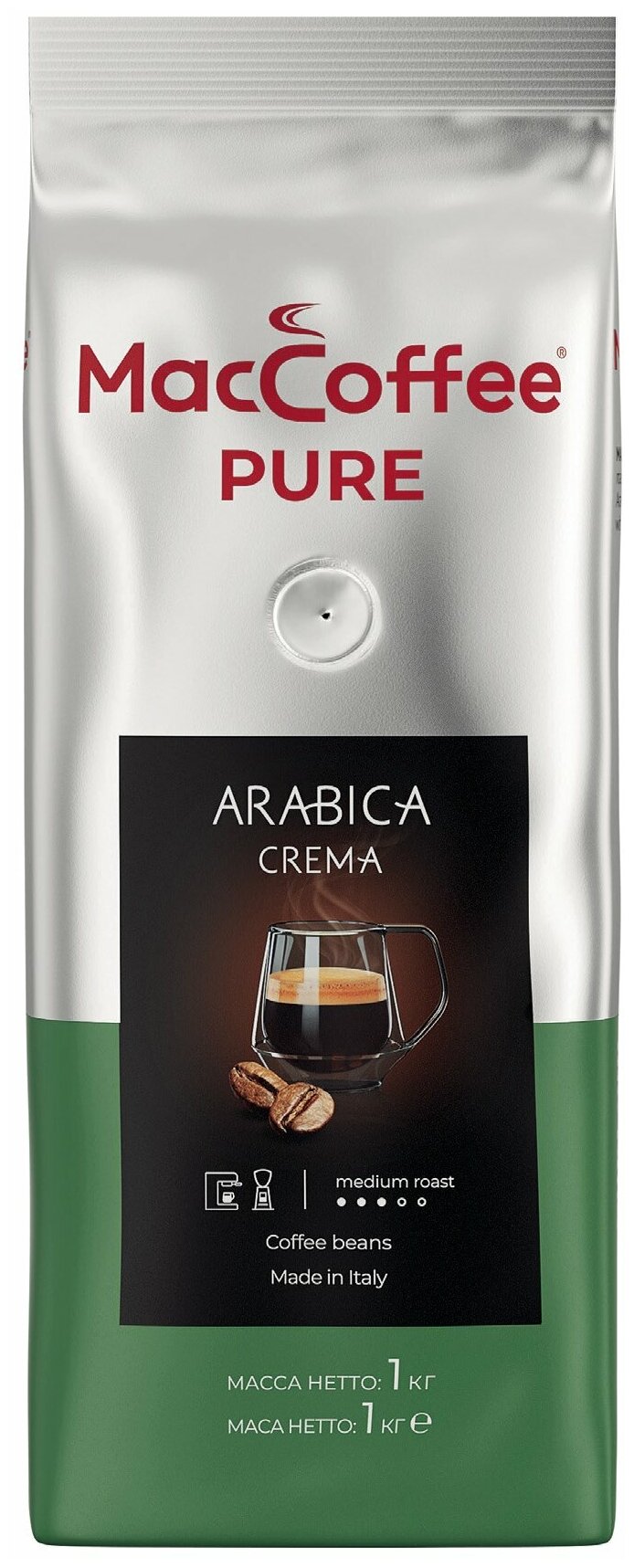 Кофе жареный натуральный в зернах MacCoffee «PURE Arabica Crema" упаковка с клапаном 1000 г (Италия) - фотография № 2