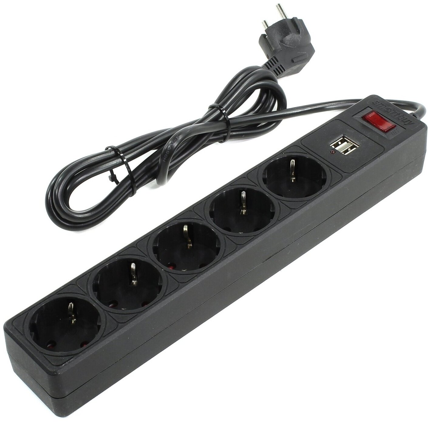 Сетевой фильтр с USB Smartbuy, 10А, 2 200 Вт, 5 розеток, длина 1,8 м, черный