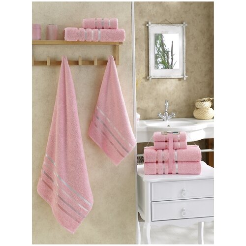 фото Полотенце махровое karna турция bale 100 % хлопок (розовый) набор 4 предмета: лицевое полотенце 50x80 см – 2 шт. и банное 70х140 см – 2 шт.