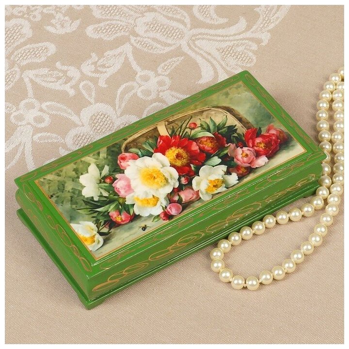 Шкатулка - купюрница «Букет цветов», зелёная, 8,5×17 см, лаковая миниатюра - фотография № 1