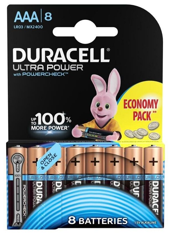 Батарейки комплект 8 шт, DURACELL Ultra Power, AAA (LR03, 24А), алкалиновые, мизинчиковые, блистер, 1 шт.