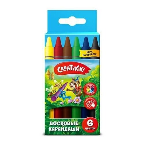 Карандаши восковые 6 цветов Creativiki (L=88мм, D=8мм), 12 уп.