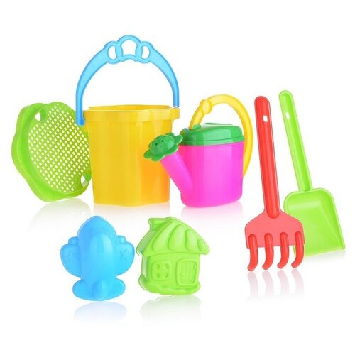фото Песочный набор № 109 (ведро-цветок 0,7 л, сито, грабли 20см, совок 21 см, 2 формочки , лейка 0,3 л) stellar