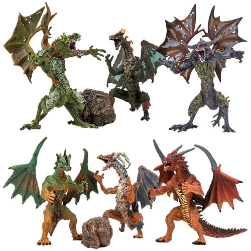Драконы и динозавры для детей серии Мир драконов (6 драконов игрушек, 2 аксессуара в наборе с фигурками)