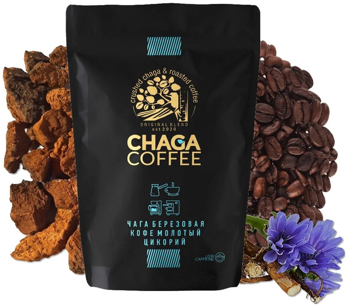 Chaga Coffee Чага молотая, кофе и цикорий, 75 г, натуральная молотая берёзовая чага, молотый кофе свежей обжарки с добавлением цикория