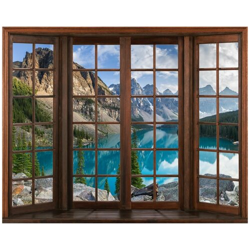 Фотообои Уютная стена Окно с видом на горное озеро 340х270 см Бесшовные Премиум (единым полотном)
