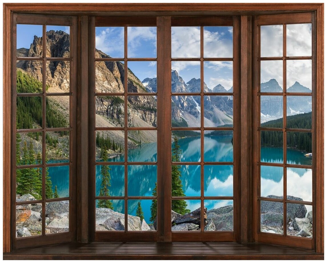 Флизелиновые фотообои Уютная стена "Окно с видом на горное озеро" 340х270 см с текстурой Песок
