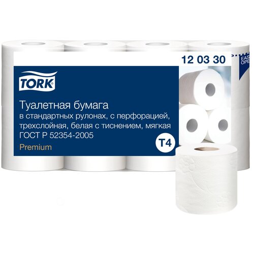 Купить Бумага туалетная Tork Premium 120330 Т4 3-слойная белая (8 рулонов в упаковке), белый, первичная целлюлоза, Туалетная бумага и полотенца