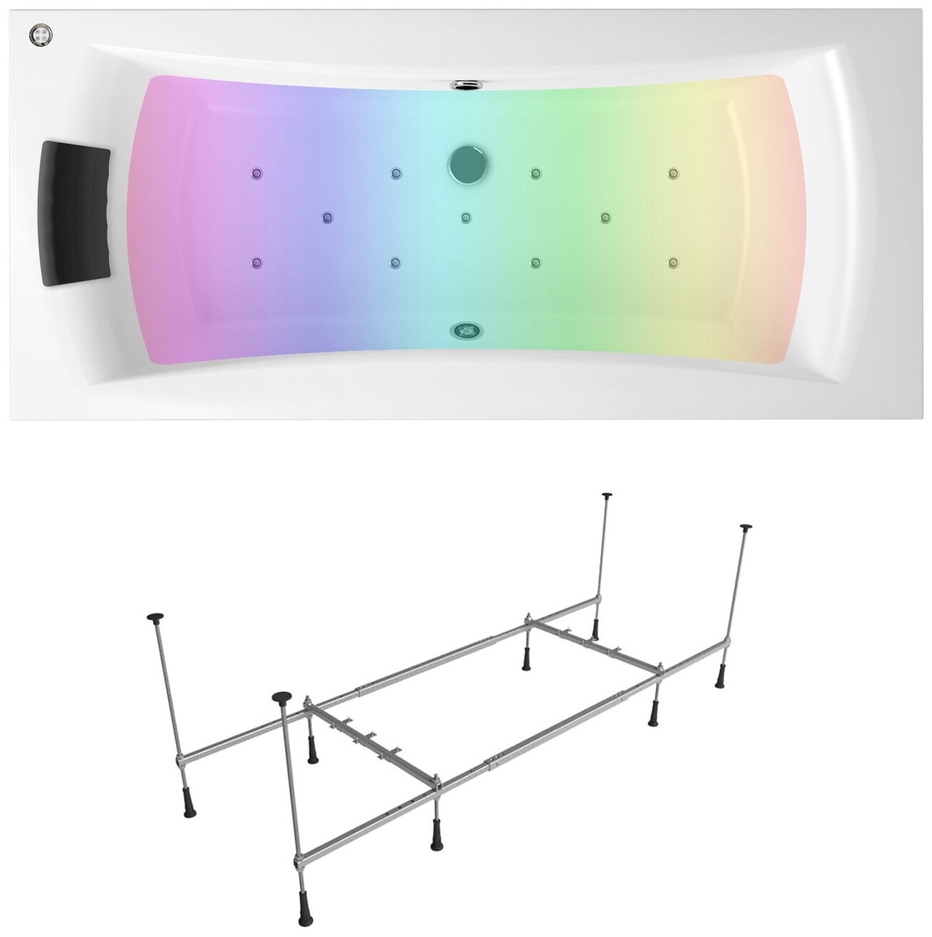 Аэромассажный комплект с хромотерапией 5 в 1 Lavinia Boho Evan 363060AC, акриловая ванна 180x80 см, каркас, подголовник