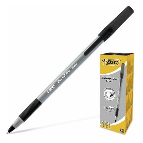 Ручка шариковая с грипом BIC Round Stic Exact, черная, корпус серый, узел 0,8 мм, линия письма 0,3 мм, 918542, (40 шт.)