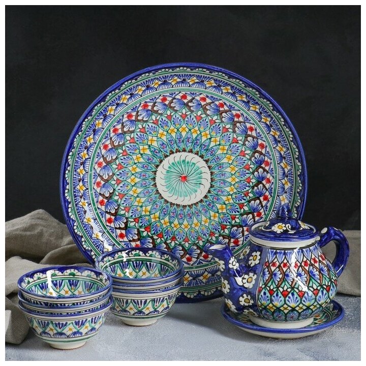 Набор чайный 9 предметов Риштанская Керамика (Чайник 0,8л, пиалы- 0,2)