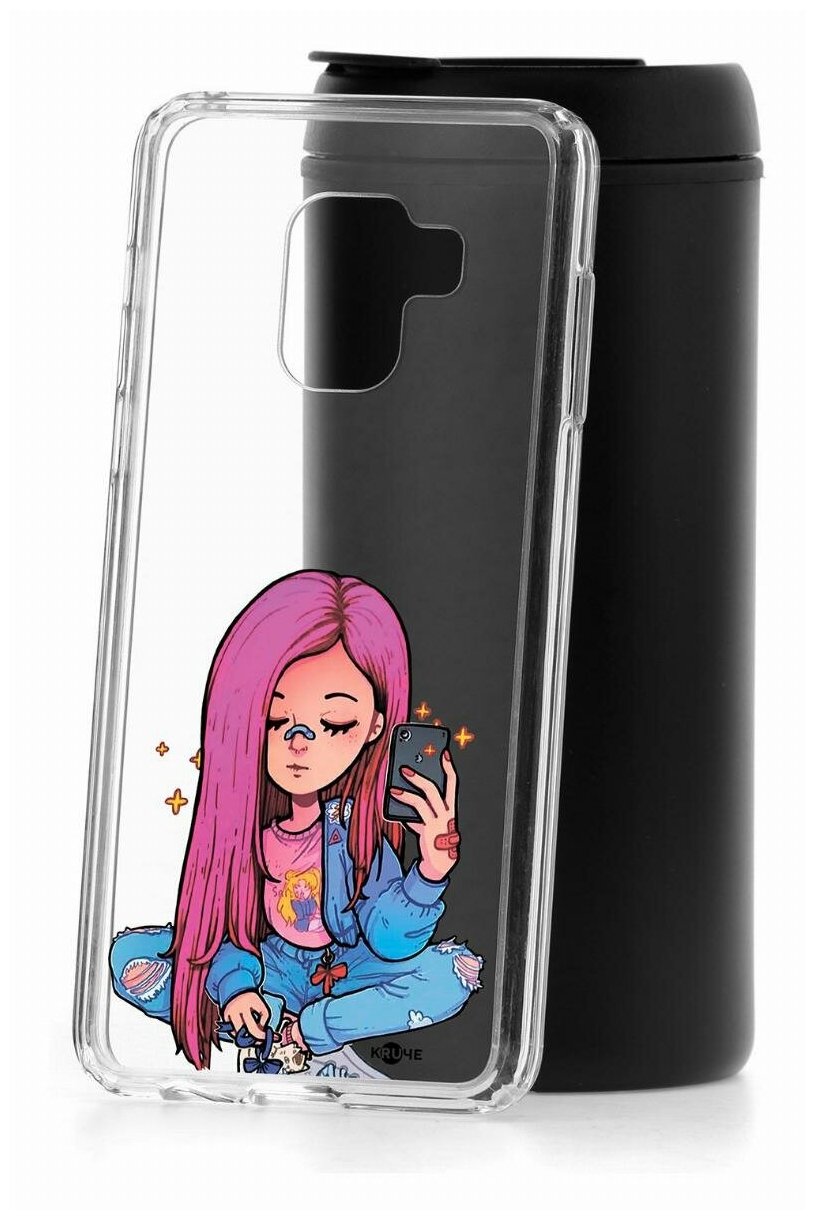 Чехол для Samsung Galaxy A8 2018 Kruche Print Pink Hair, пластиковая накладка, силиконовый бампер с защитой камеры, защитный прозрачный кейс с рисунком