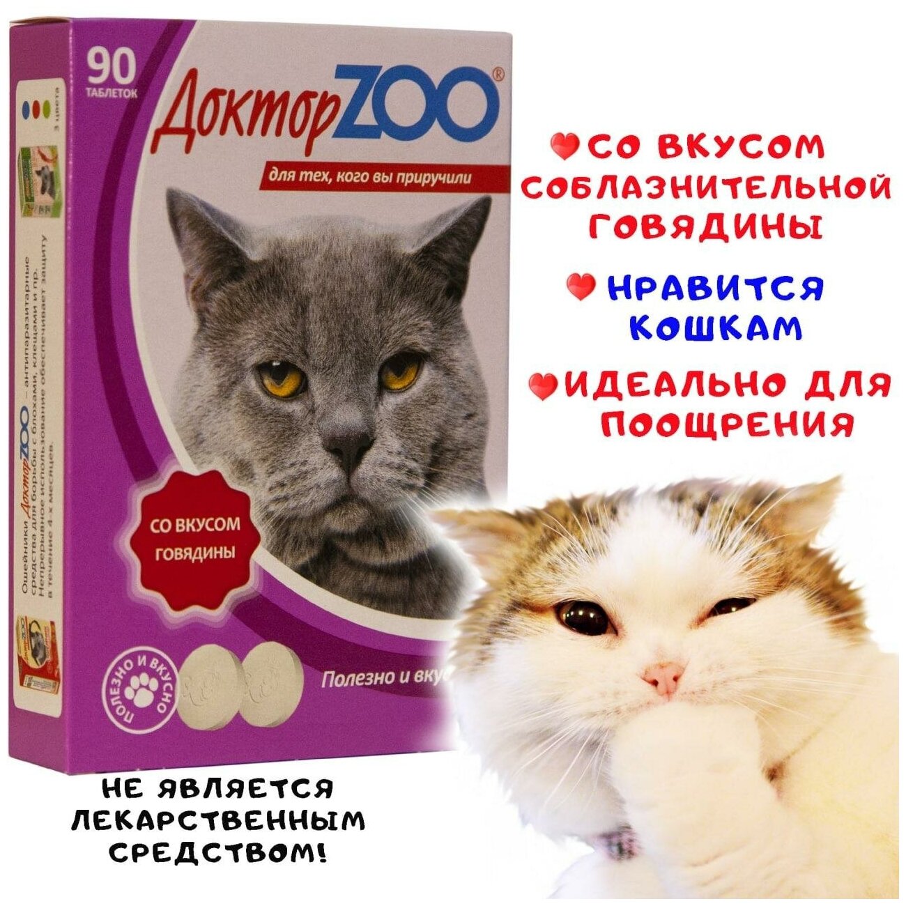 Кормовая добавка Доктор ZOO для кошек Со вкусом говядины и биотином , 90 таб.