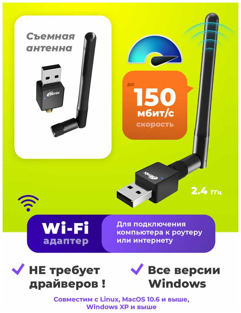 USB WI-FI Адаптер RITMIX RWA-220 2.4ГГц, IEEE802.11b/g/n, ск. до 150Мбит/с. Чипсет RealTek RTL8188. Встр антенна. Нано-размер, (1/400) - фотография № 3