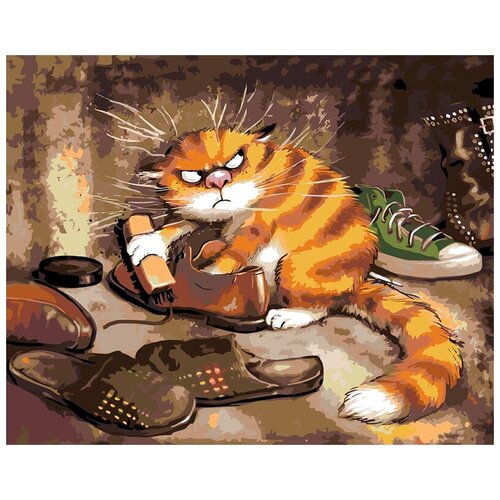 фото Картина по номерам живопись по номерам «кот чистит ботинки» (холст на подрамнике, 40х50 см)