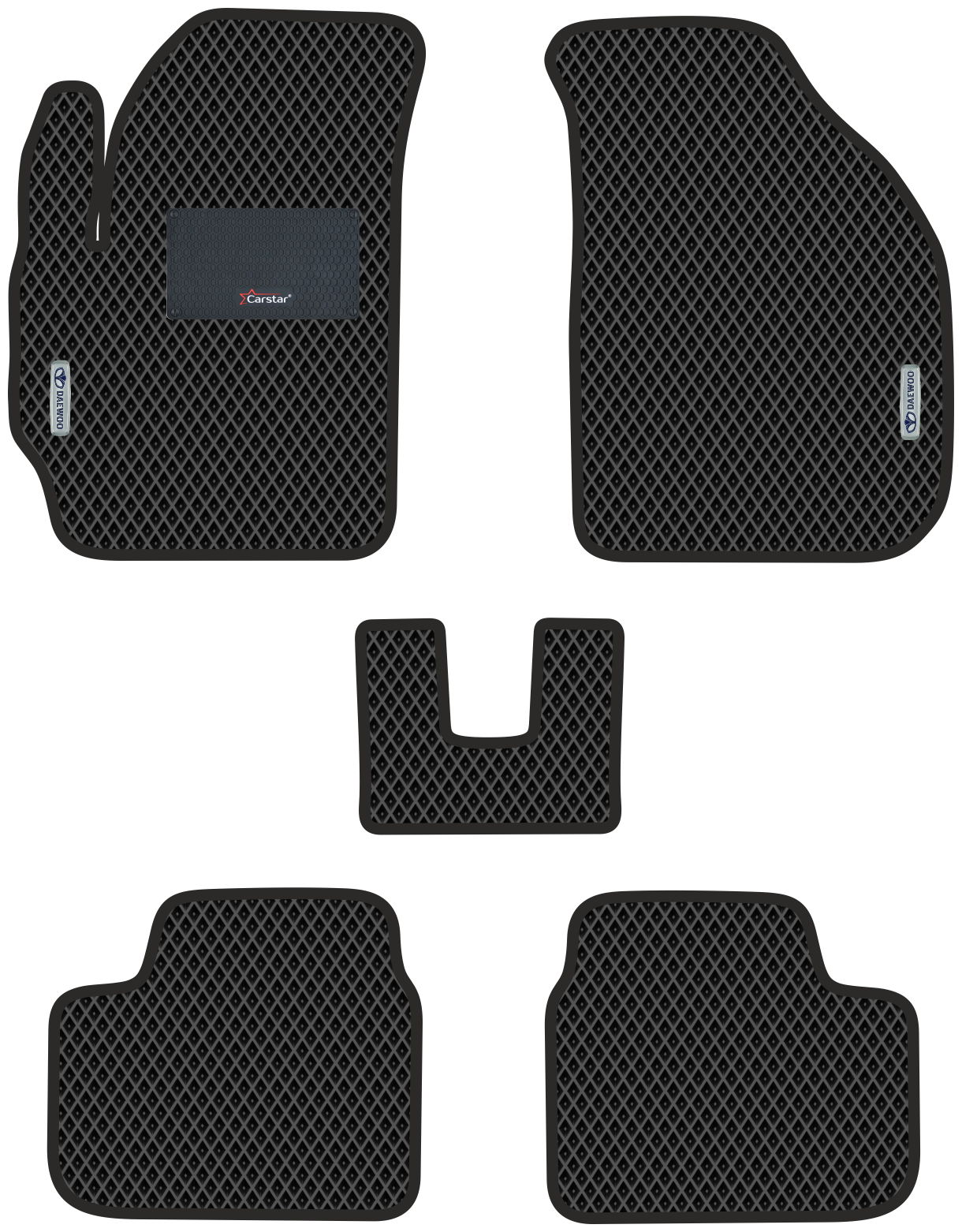 Автомобильные коврики EVA для Daewoo Matiz (1998-2015) с каучуковым подпятником и 2 эмблемами Daewoo чёрные с чёрным кантом ячейка - ромб