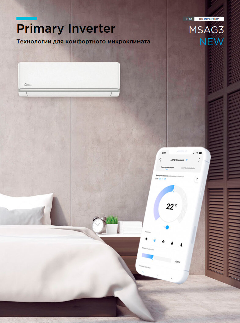 Бытовой кондиционер Midea серия Primary Inverter MSAG3-07N8C2-I/MSAG3-07N8C2-O + Wi-Fi Контроллер DW21-B для удаленного управления кондиционером.