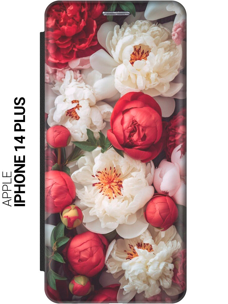 Чехол-книжка на Apple iPhone 14 Plus / Эпл Айфон 14 Плюс с рисунком "Бело-красные пионы" черный
