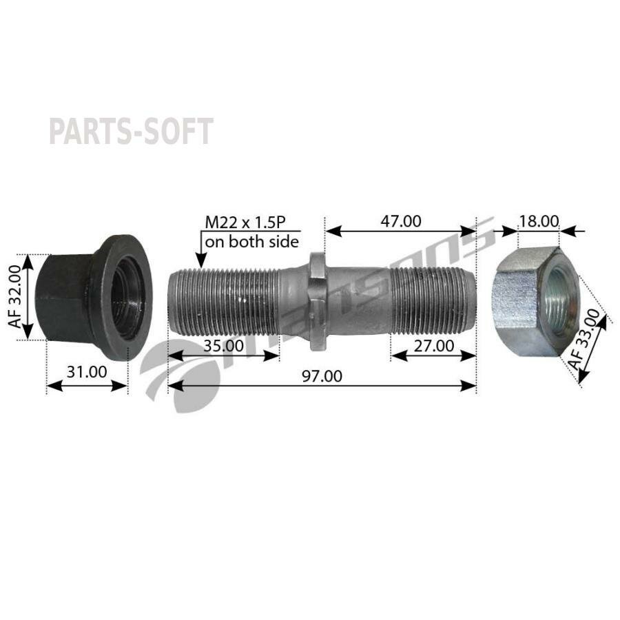 MANSONS 600.175 Шпилька колеса SAF (M22х1.5 M22х1.5 L=97) в сборе с гайками MANSONS