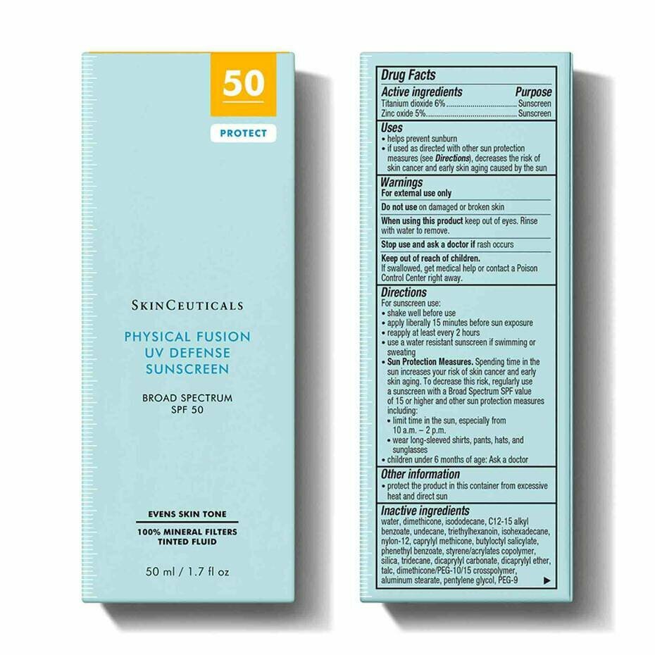 "Skinceuticals Physical Fusion UV Defence SPF50" - защита от ультрафиолетовых лучей 50 мл крем имеет светлую тональную основу-не прозрачный