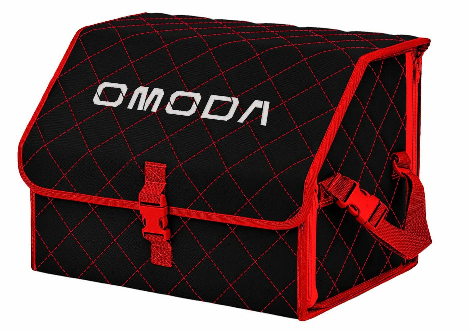Органайзер-саквояж в багажник "Союз" (размер M). Цвет: черный с красной прострочкой Ромб и вышивкой Omoda (Омода).