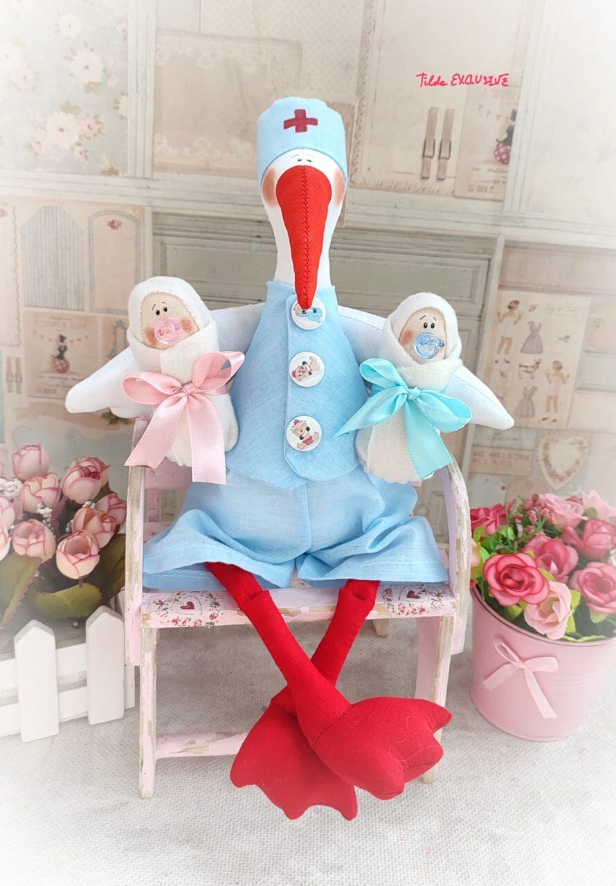 "Аист с младенцами" HandMade от бренда Tilda Exclusive авторская интерьерная кукла подарок
