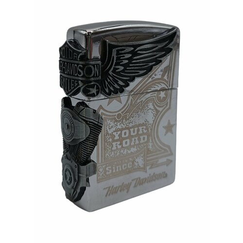 Зажигалка Харлей Harley Davidson Your Road газовая серебристая зеркальная