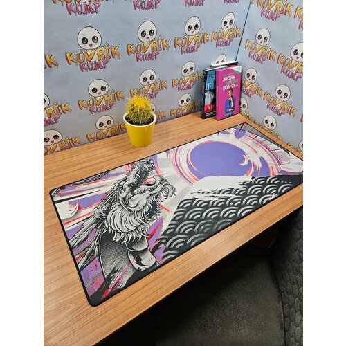 Большой игровой коврик для мышки с принтом, 90х40 см, Дракон голубое солнце . Компьютерный ковер под клавиатуру и мышь на весь стол.