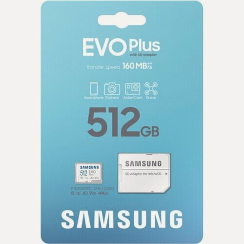 Изображение товара Карта памяти Samsung microSDXC 512Gb EVO Plus UHS-I U3 V30 A2 + ADP 160 Mb/s NEW