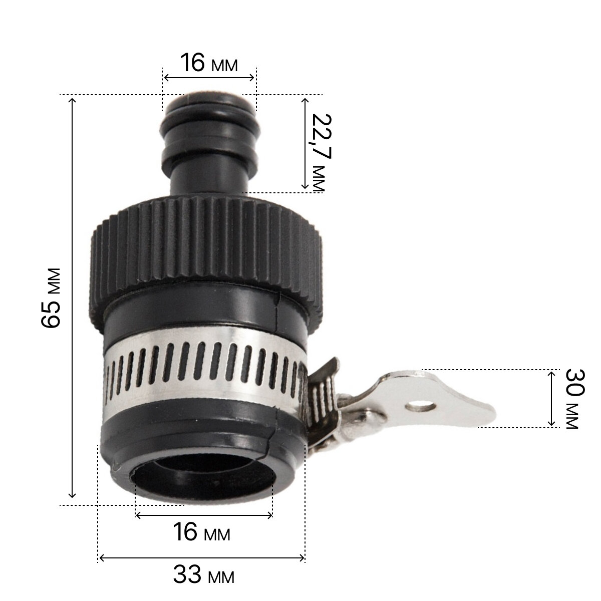 Штуцер универсальный без резьбы под коннектор, пластик, хомут из стали — фото 1