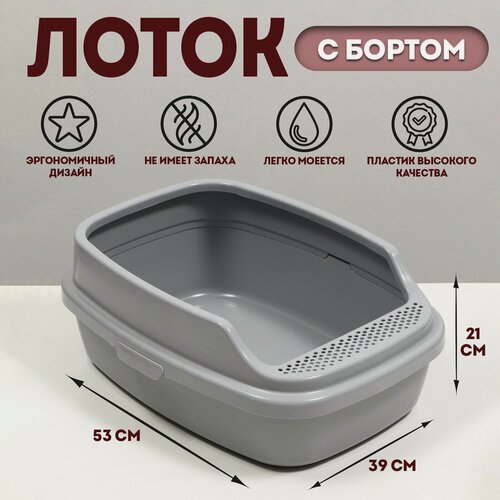 Изображение товара Туалет для кошек Пижон "Айша" M с бортом 53×39×21 см серый FIX