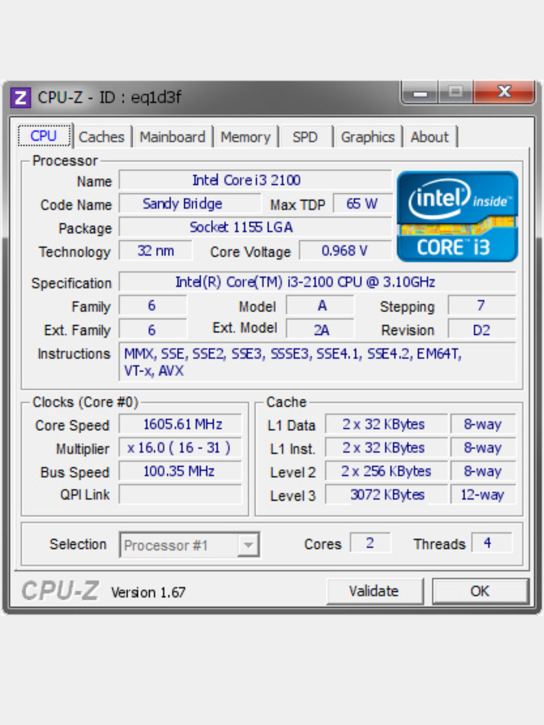 Процессор Intel Core i3-2100 LGA 1155 ОЕМ для материнских плат H61-Z77 — фото 1