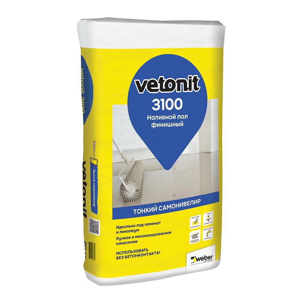 Ровнитель (наливной пол) финишный Weber.vetonit 3100 самовыравнивающийся 20 кг Vetonit 1014409