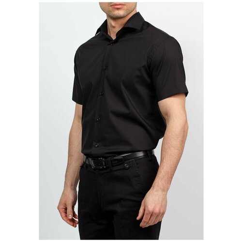 фото Рубашка мужская короткий рукав greg 340/107/z stretch, полуприталенный силуэт / regular fit, цвет черный, рост 174-184, размер ворота 37