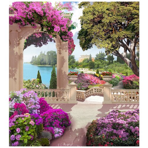 Флизелиновые фотообои Уютная стена Терраса с розовыми цветами 240х270 см с текстурой Песок