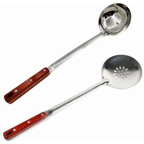 Шумовка и половник для казана, комплект 2 шт / Ложка усиленная для плова с деревянной ручкой