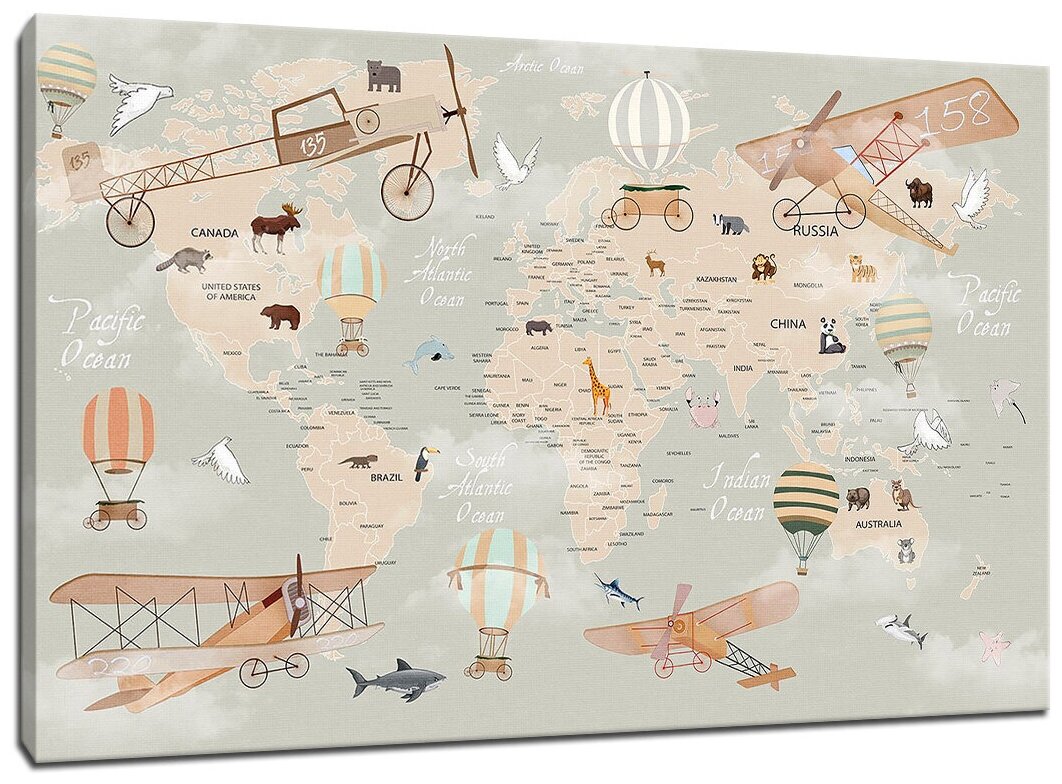 Картина Уютная стена "Детская карта мира с воздушными средствами и животными" 100х60 см