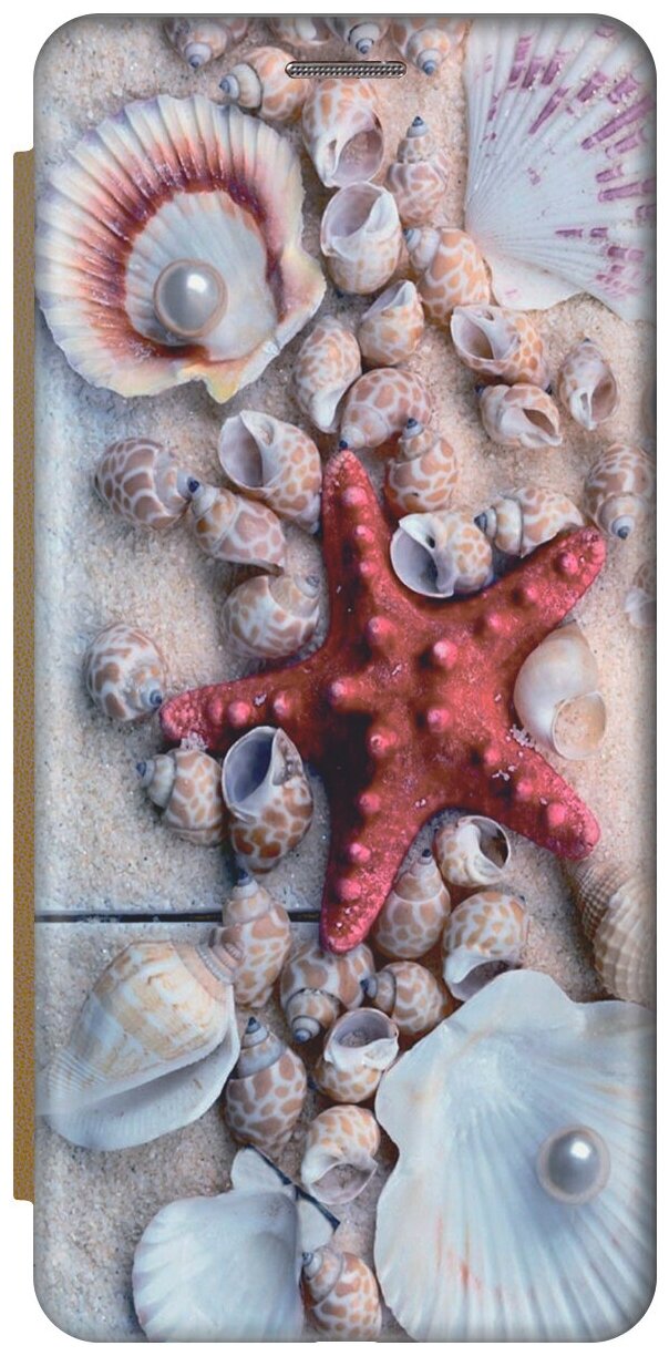 Чехол-книжка на Samsung Galaxy A33 5G, Самсунг А33 5Г c принтом "Красная морская звезда" золотистый