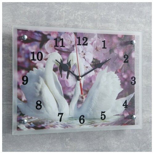 фото Часы настенные сюжет прямоугольные, "два лебедя, сиреневые цветы", 25*35 см