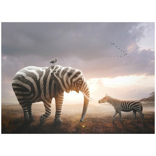 Фотообои Уютная стена Полосатый слон и зебра 370х270 см Виниловые Бесшовные единым полотном 12990₽