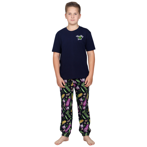 Детская пижама Веган Синий размер 34 Кулирка Оптима трикотаж рисунок Надписи футболка с округлым вырезом горловины, брюки прямые с карманами