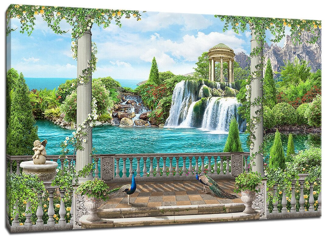 Картина Уютная стена "Балкон с фазанами и видом на водопад" 100х60 см