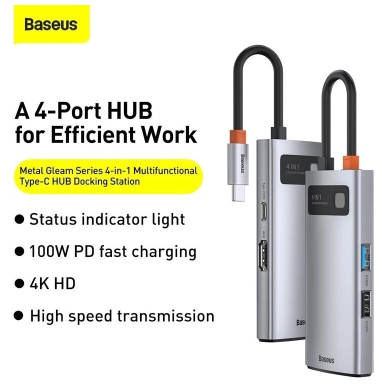 ПереходникАдаптер BASEUS Metal Gleam Series 4-in-1 Разветвитель Type-C - USB30 USB20 HDMI PD серый